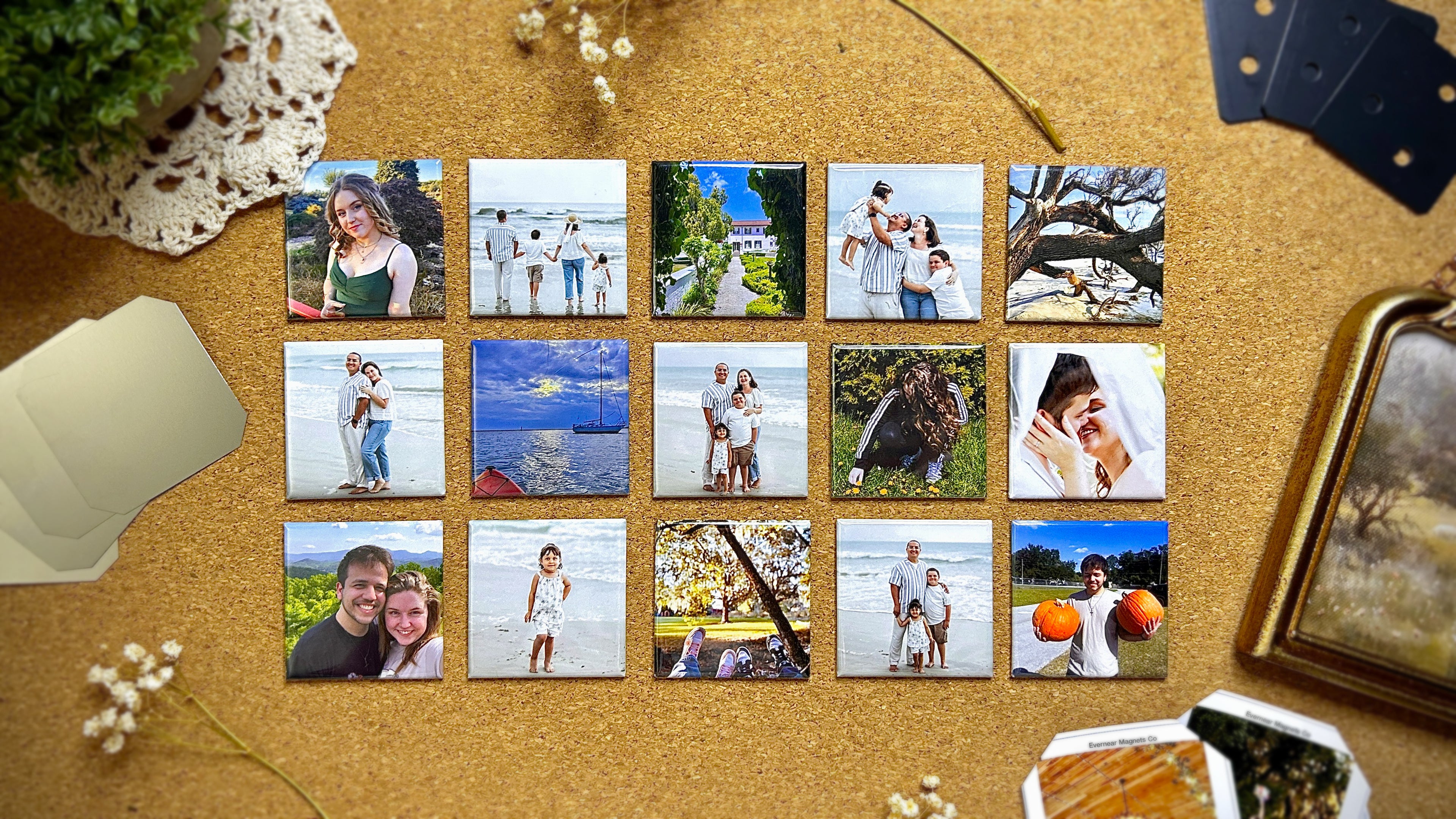 Collage of Photo Magnets on cork background